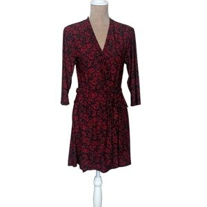EUC Rene Rofe Black and Red Floral Wrap Robe